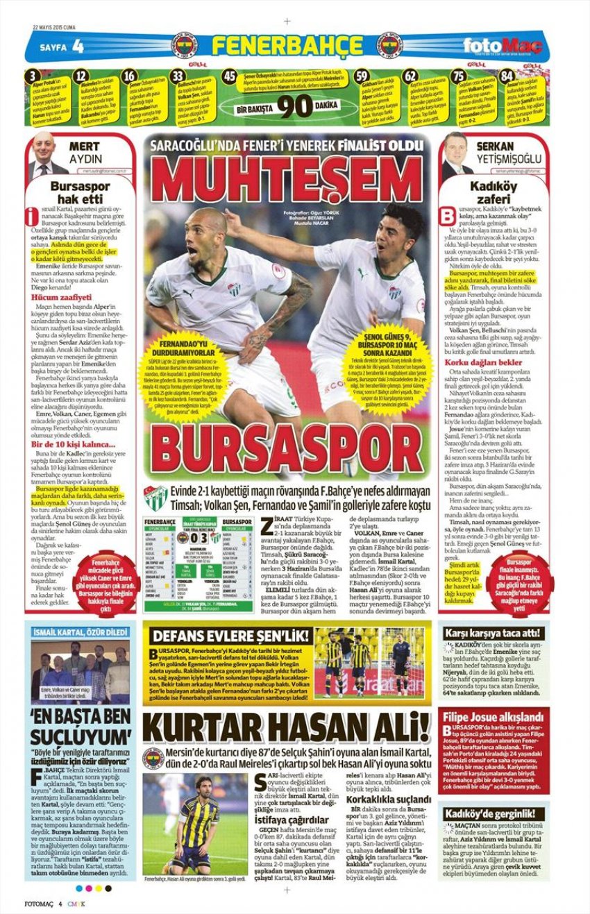 Gazete manşetleri (Fenerbahçe 0-3 Bursaspor)