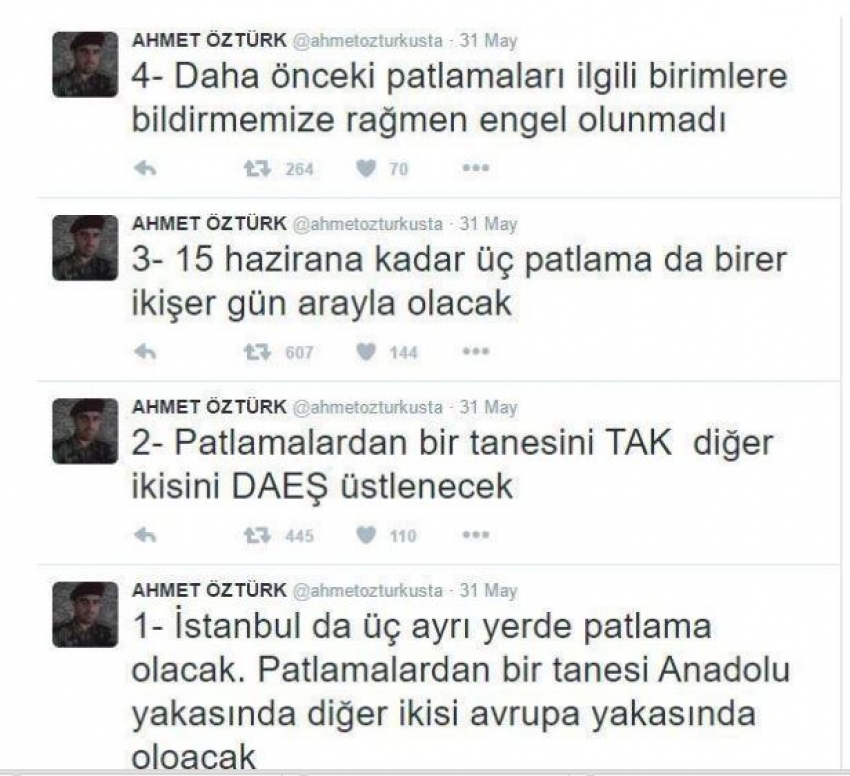 İstanbul Vezneciler'deki patlamayı önceden Twitter'da duyurdu