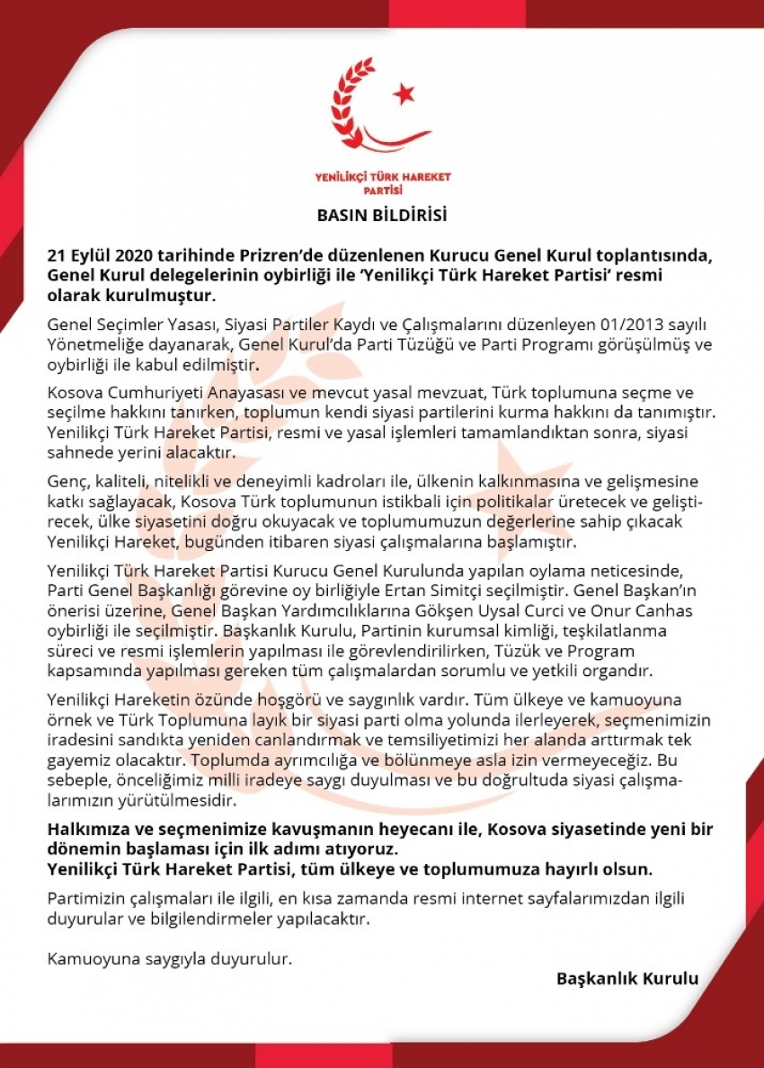 Kosova’da “Yenilikçi Türk Hareket Partisi” adıyla yeni siyasi parti kuruldu