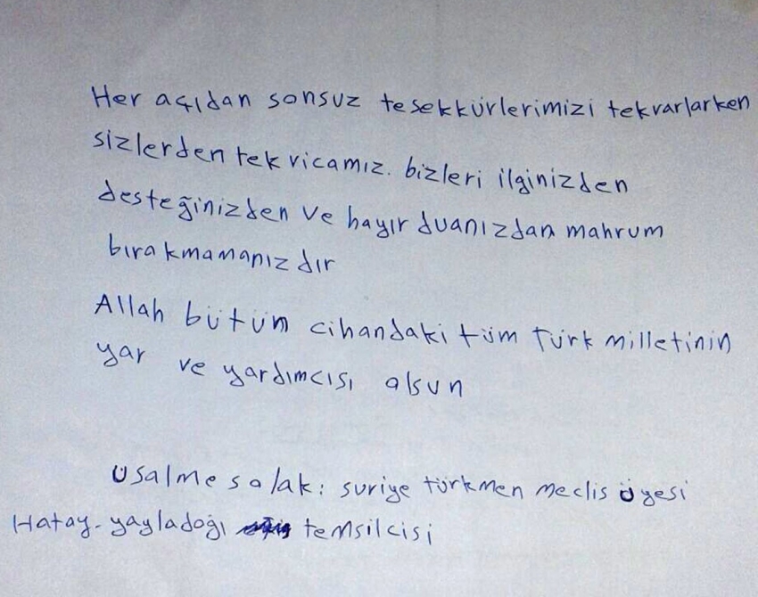 Suriyeli Türkmenlerden teşekkür mektubu