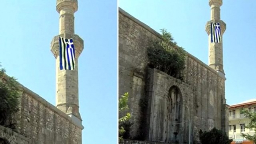 Tarihi camiye Yunan bayrağı astılar