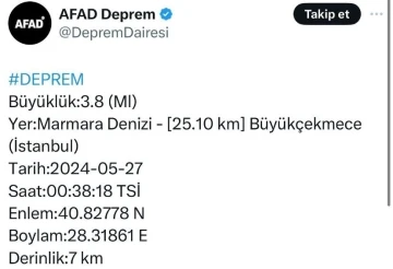AFAD: Büyükçekmece’nin 25.10 kilometre açığında, Marmara Denizi’nde saat 00.38’de 3,8 büyüklüğünde deprem meydana geldi
