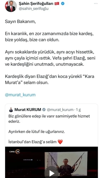 Başkan Şerifoğulları’ndan Murat Kurum’a: &quot;Elazığ’dan koca yürekli Kara Murat’a selam olsun”
