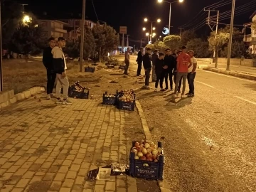 Kaldırıma çarpan kamyondan yola dağılan elmaları vatandaşlar topladı

