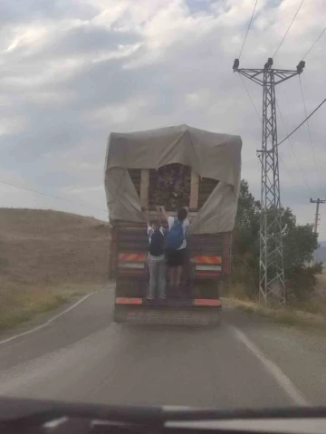 Odun yüklü kamyonun arkasında çocukların tehlikeli yolculuğu
